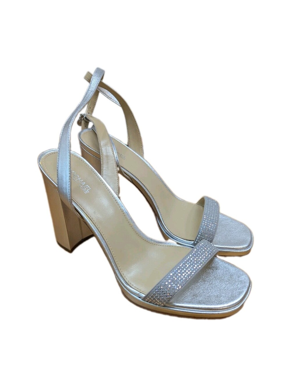 Michael Kors Heels Sandals 7.5M Silver Gray Studded Buckle